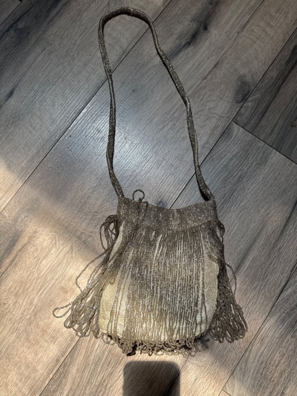 Vintage Walborg Flapper Silver Gray Beaded Evening Bag With Fringe & Strap
